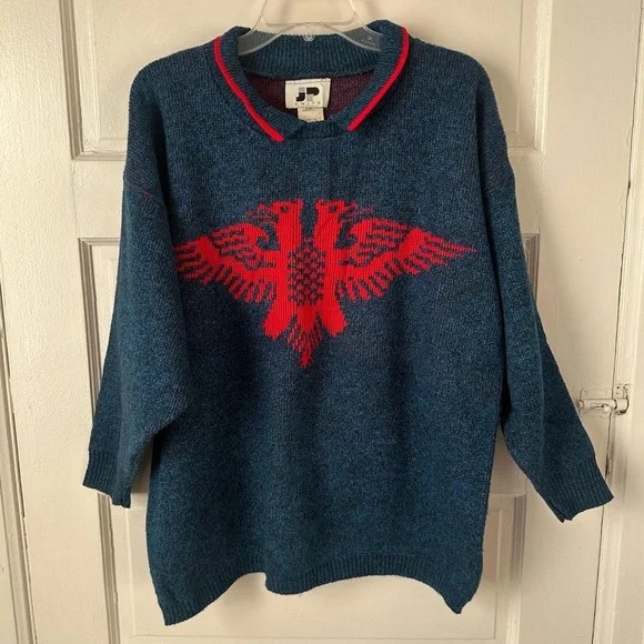 3/$20 💥 JP Knits Vintage Sweater Embroidered Double Headed Eagle Collared USA - Picture 16 of 16